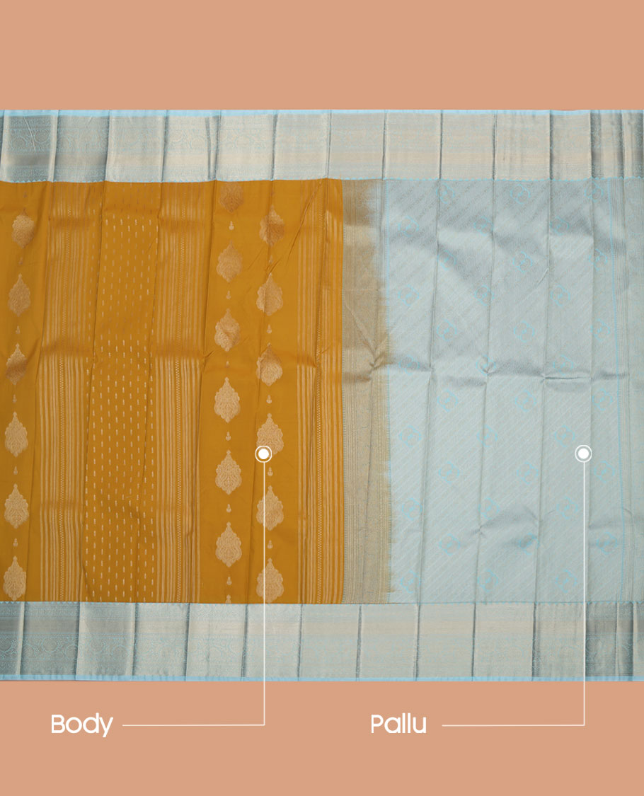 Yellow Budget Silk Saree, Decorated with Zari Buttas All Over Its Body, Complemented by a Contrast Traditional Zari Design Border of Floral Creeper Designs, Pallu Features Diagonal Designs, and Paired with a Contrast Blouse
