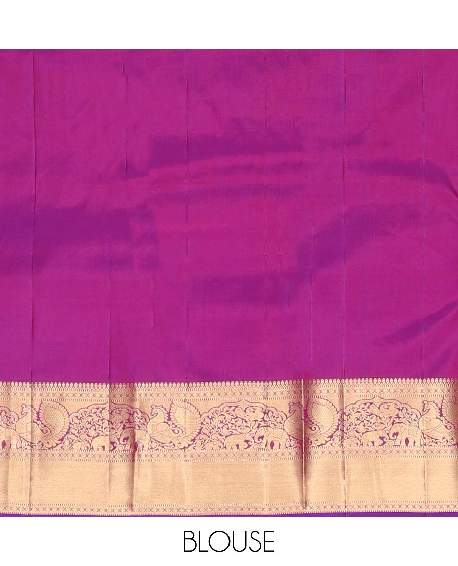 Pink Kanchipuram Wedding Silk Saree, Graced with Jacquard Design, a Zari Border of Thilakam Mokku, Muthu, Rudraksham, Yaanai and Mayil, Grand Pallu, and a Matching Blouse