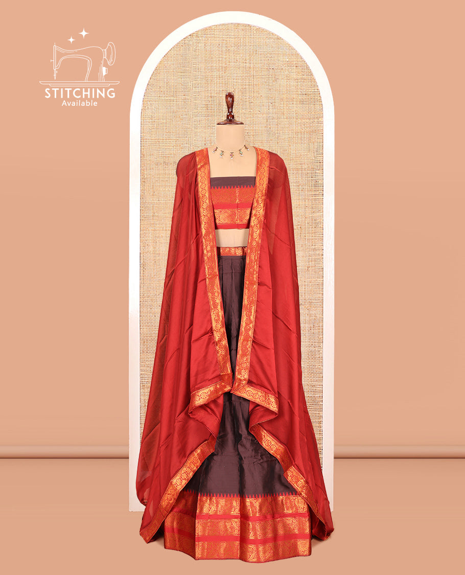 Brown Semi-Banarasi Half-Saree Features Plain Skirt, Contrast Floral Creeper Zari Border, Matching Blouse, Contrast Dhavani