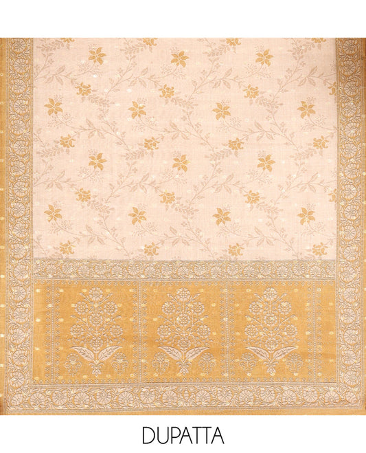 Mustard Chanderi Tissue Material Chudiddar, Buttas Neckwork Top, Plain Bottom, Contrast Floral Dupatta