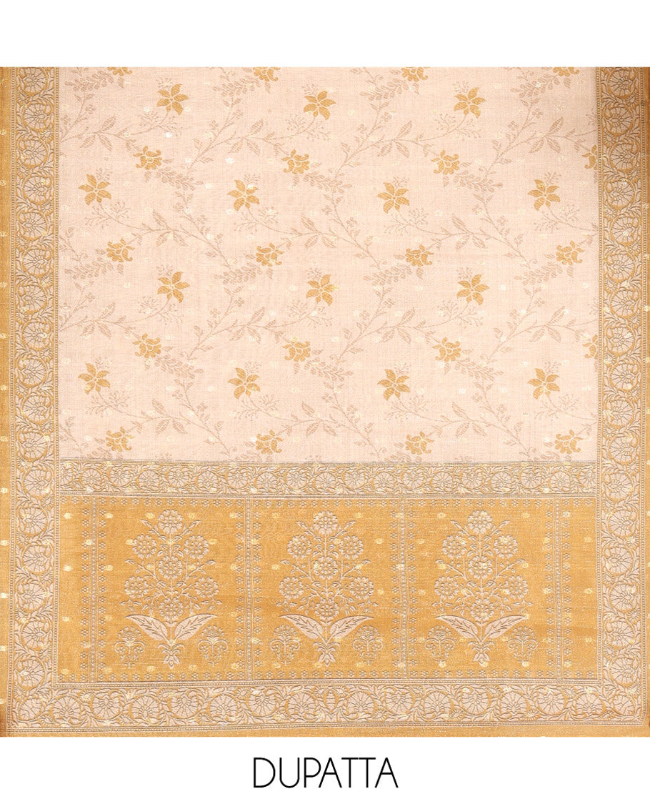 Mustard Chanderi Tissue Material Chudiddar, Buttas Neckwork Top, Plain Bottom, Contrast Floral Dupatta
