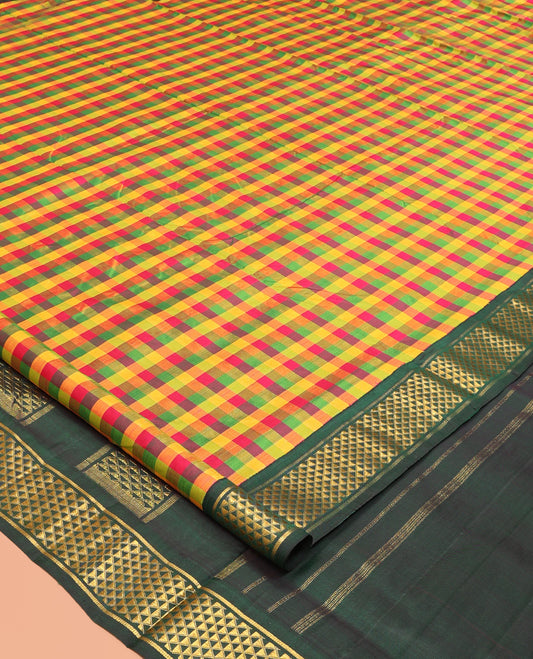 Multi-Color Palum Pazhamum Kattam Nine-Yard Silk Saree, Complemented by a Contrast Korvai Ara Maadam Border, Ara Maadam Pallu, and No Blouse