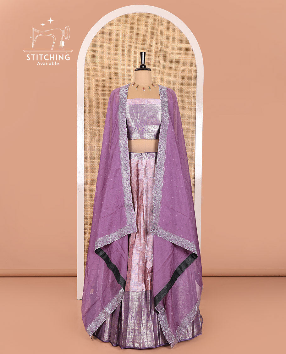 Pink Banarasi Half-Saree Featuring Jacquard Design Skirt, Complemented by Contrast-Rich Zari-Woven Intricate Border, Paired with a Matching Blouse, Contrast Velvet Organza Stone Work Dhavani, and Brocade Belt