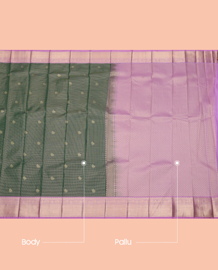 Green Budget Silk Saree, Gracefully Embellished with Zari Buttas and Checks, Complemented by Contrast Traditional Zari Border, Jaal Pallu, and a Contrast Blouse