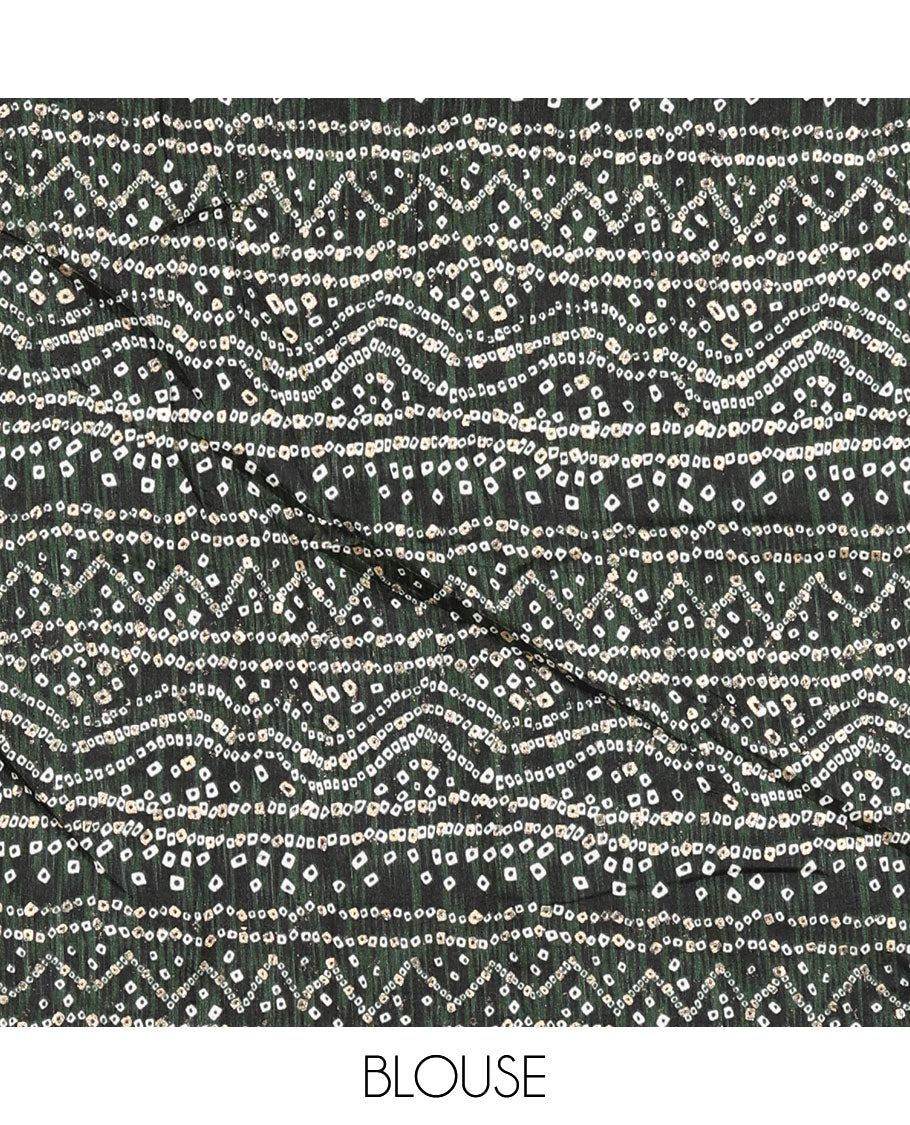 Pista green plain Vichitra silk saree, contrast bandhani printed with Swarovski micro-stonework border, and a contrast bandhani printed blouse