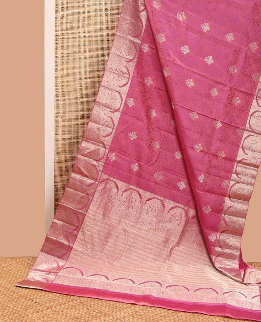 Pink floral jacquard kancheepuram silk saree with self floral intricate border &striped, floral design pallu