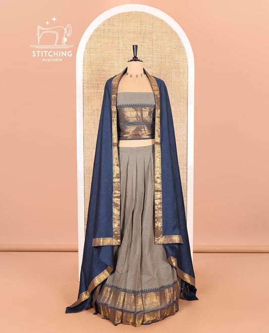 Steel Grey-Navy Blue Chettinad Cotton Half-Saree Featuring a Plain Skirt, Highlighted with a Contrast Peacock-Elephant Motifs Woven Rettai Pettu Zari Border, a Subtly Woven Matching Blouse, and a Vichitra Silk Contrast Traditional Zari-Bordered Dhavani