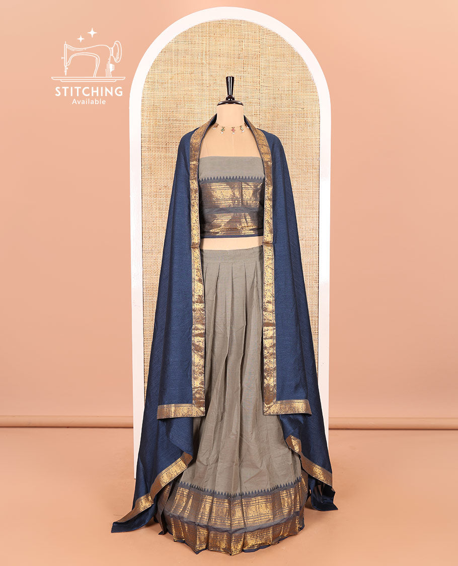 Steel Grey-Navy Blue Chettinad Cotton Half-Saree Featuring a Plain Skirt, Highlighted with a Contrast Peacock-Elephant Motifs Woven Rettai Pettu Zari Border, a Subtly Woven Matching Blouse, and a Vichitra Silk Contrast Traditional Zari-Bordered Dhavani