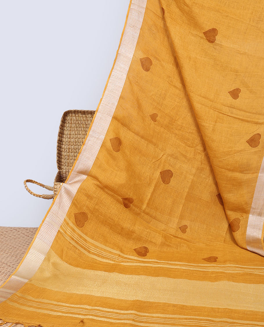 Mustard heart motifs linen saree with self zari border & striped zari pallu