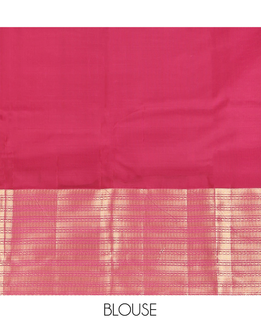 Brown Vasundhara Silk Mix Saree, Enriched with Mayil and Chakram Buttas All Over Its Body, Complemented by Contrast Geometric Patterned Border, Grandly Decked Up Pallu and Paired with a Contrast Blouse