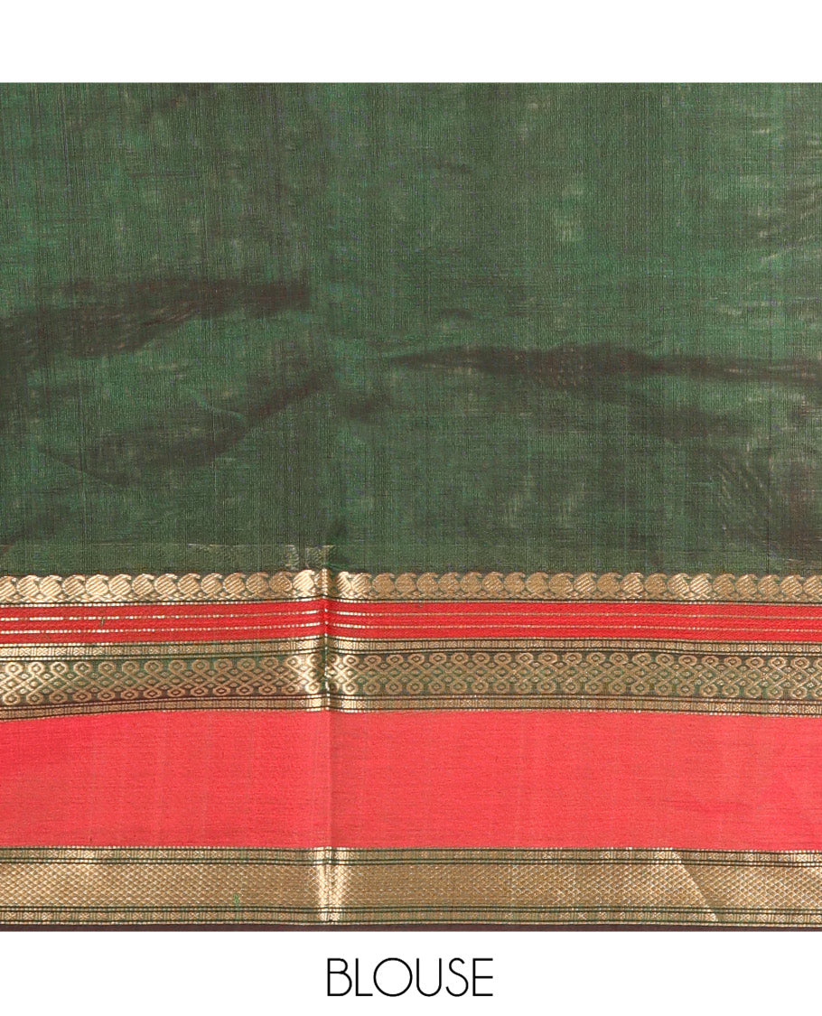 Green Kuppadam Silk Saree, Mesmerised with Kolam Butta Enclosed Checks, a Contrast Traditional Kolam Border, Pallu of Kolam Designs, and a Matching Blouse