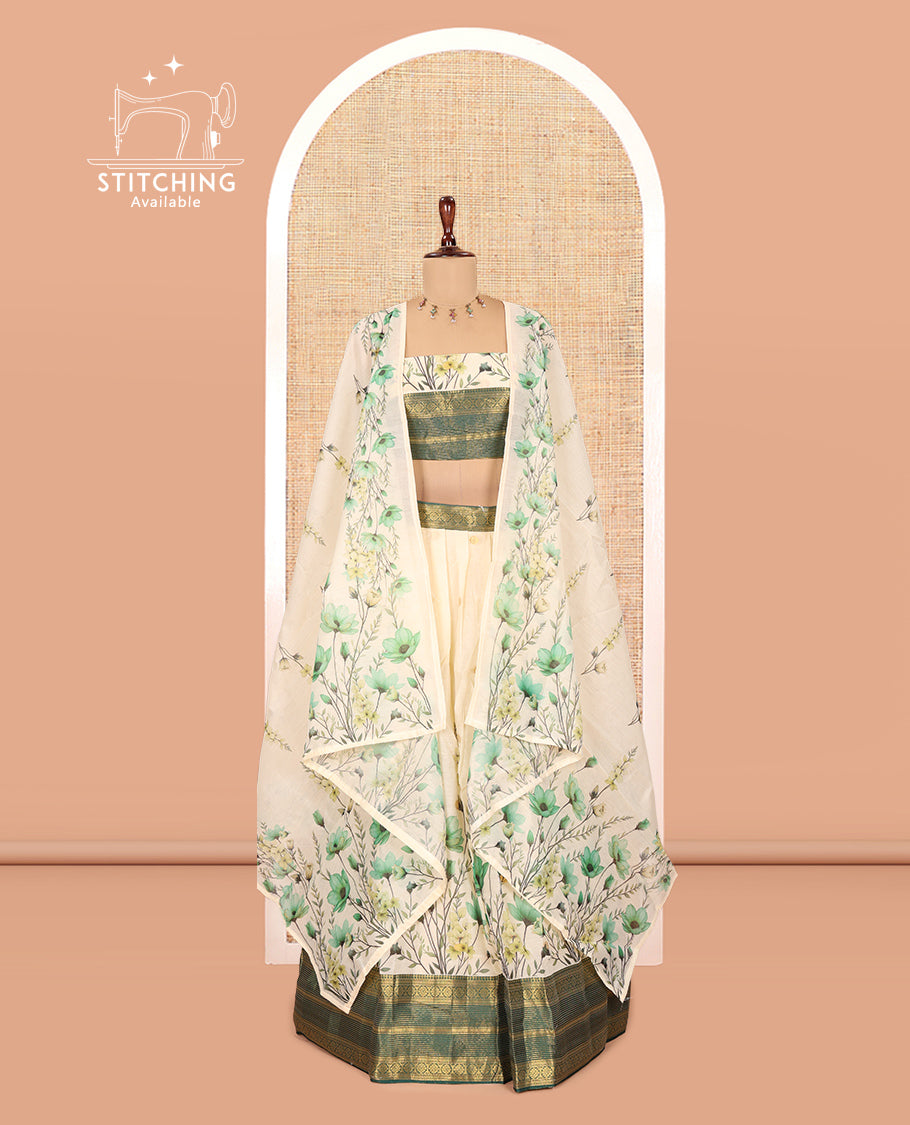 Cream-Bottle Green Semi-Silk Half-Saree Features Floral-Printed Skirt, a Contrast Traditional Border, a Matching Blouse, a Floral Dhavani