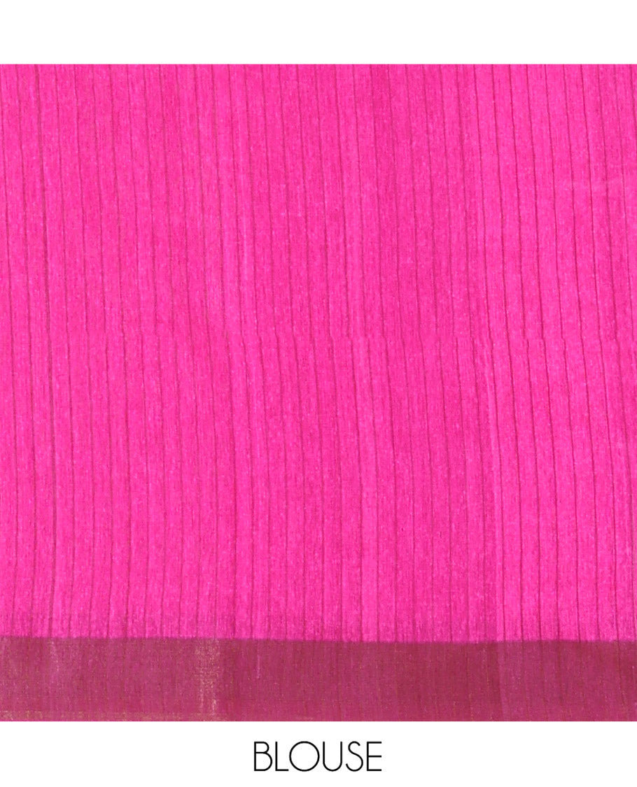 Pink Tussar Silk Saree Enthralled with Ikkat-Style Chevron Stripes Printed All Over Its Body, Complemented by Contrast Border, Pallu Printed with Ikkat Designs, and Paired with a Contrast Blouse