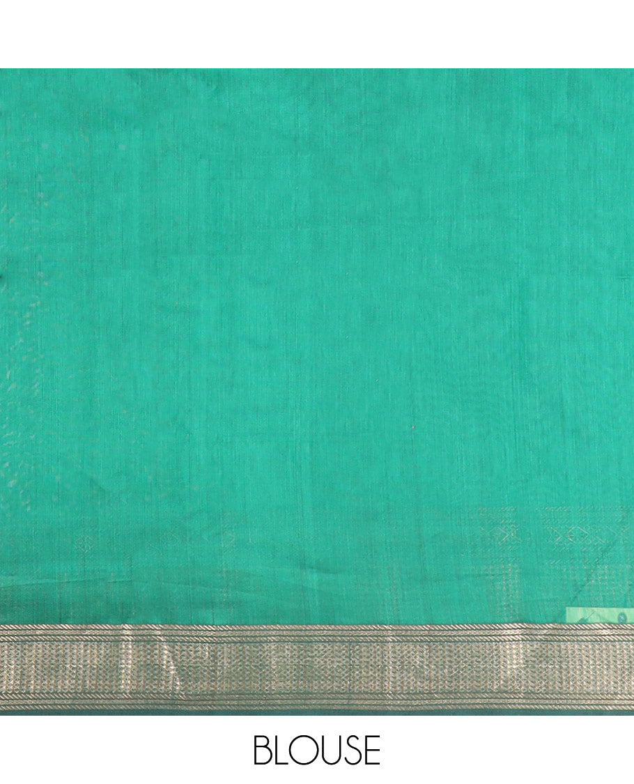 Dark green motifs maheshwari cotton saree with self zari design border & striped, geometric design pallu