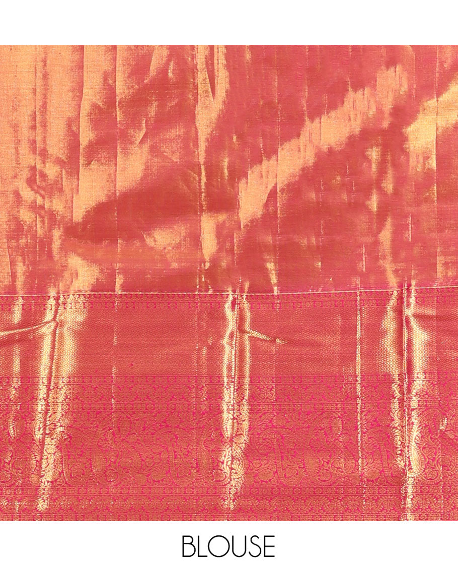 Pink Kanchipuram Tissue Silk Saree, Embellished with Jacquard Designs on Its Body, Complemented by a Contrast Border of Manga and Jaal Designs, Intricately Designed Pallu, and Paired with a Contrast Blouse