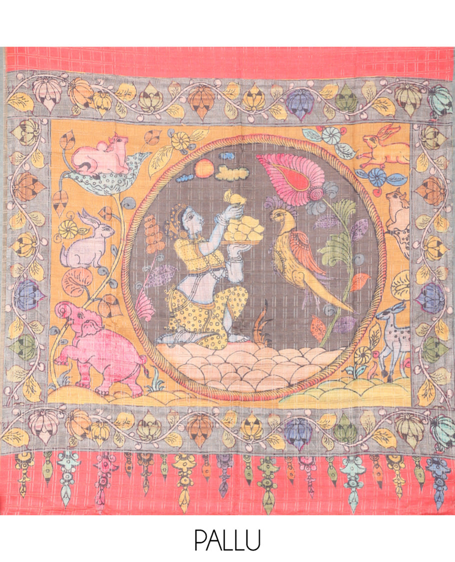 Dark Peach Fancy Tussar Silk Saree, Graced with Checked Design, Contrast Zari Piping Border, Kalamkari Pallu, and Contrast Kalamkari Printed Blouse