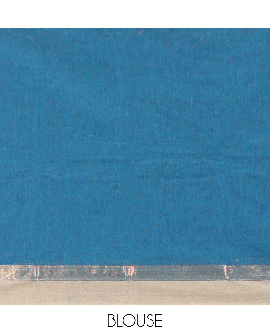 Blue Kanchi Cotton Saree, Accentuated with Thread Buttas On Its Body, Complemented by a Contrast Border, Intricately Designed Pallu, and a Matching Blouse