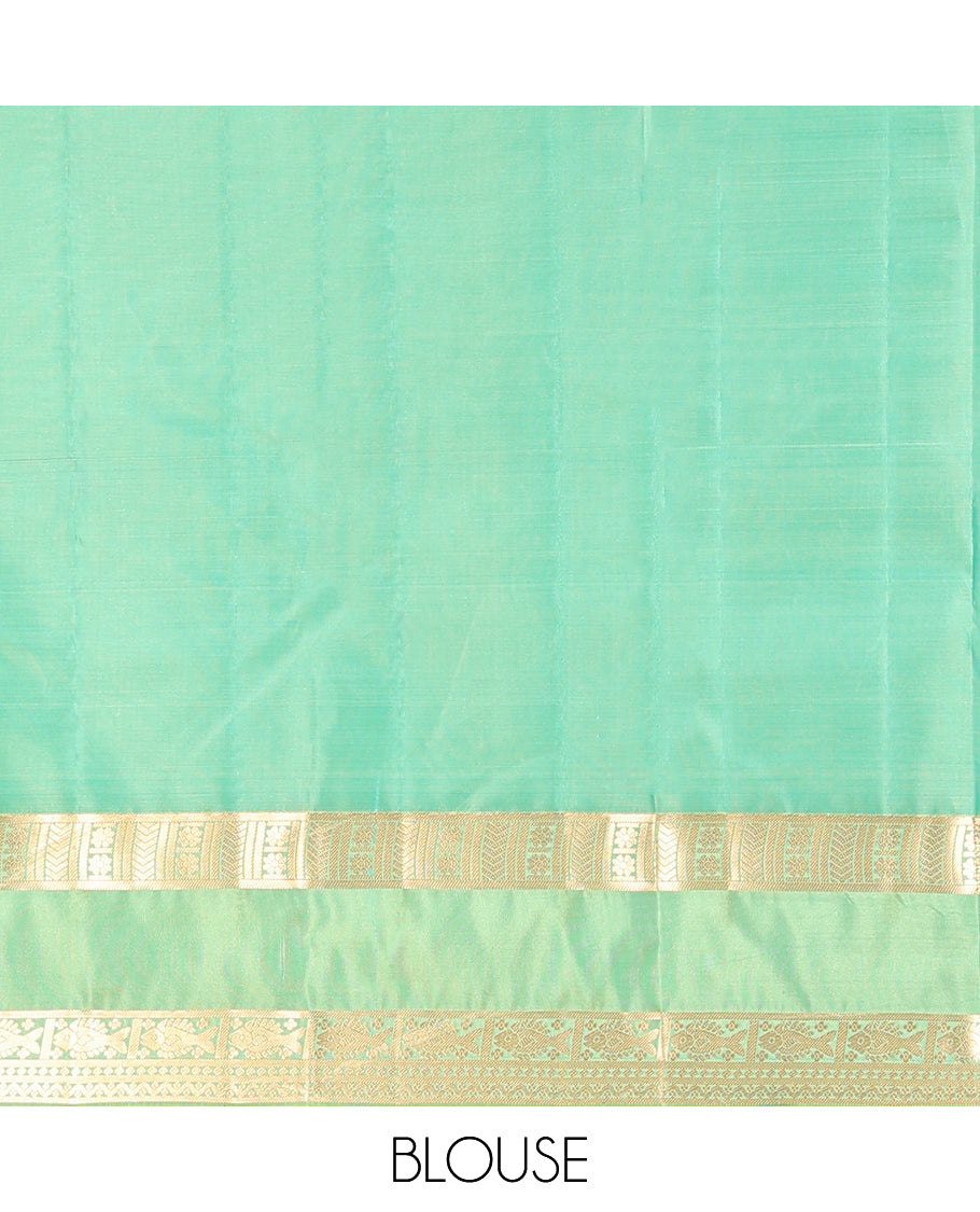 Blue Vasundhara Lite Silk Mix Saree, Graced with Zari Stripes and Buttas, a Contrast Rettai Pettu Border of Meen and Neli Designs, Grand Pallu, and a Contrast Blouse