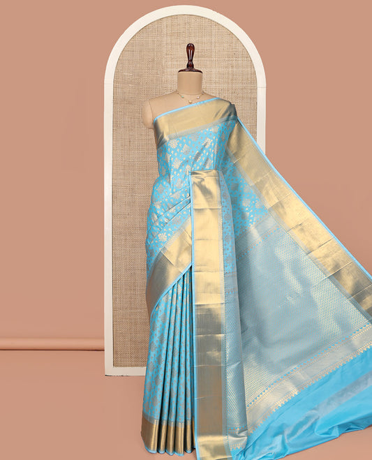 Sky Blue Budget Silk Saree, Enriched with Zari Buttas All Over Its Body, Highlighted by Traditional Zari Designs Woven Border, Grand Pallu, Paired with a Matching Blouse - Inspired by Trisha Blue Saree