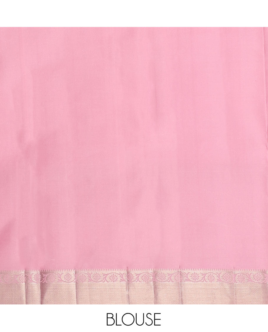 Pink Jacquard Kanchipuram Wedding Silk Saree, Highlighted by a Zari Border of Kodi Visiry Designs, Grand Jaal Pallu, and Matching Blouse