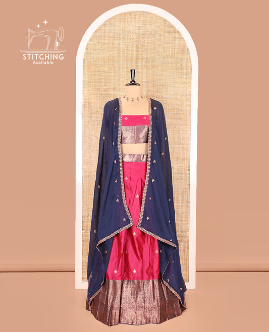 Pink and Navy Blue Semi-Banarasi Half-Saree, Decorated with Zari Buttas on Its Skirt, Complemented by a Contrast Traditional Zari Designs Woven Border, Paired with a Matching Blouse, and a Contrast Satin Georgette Embroidered Scallop Dhavani