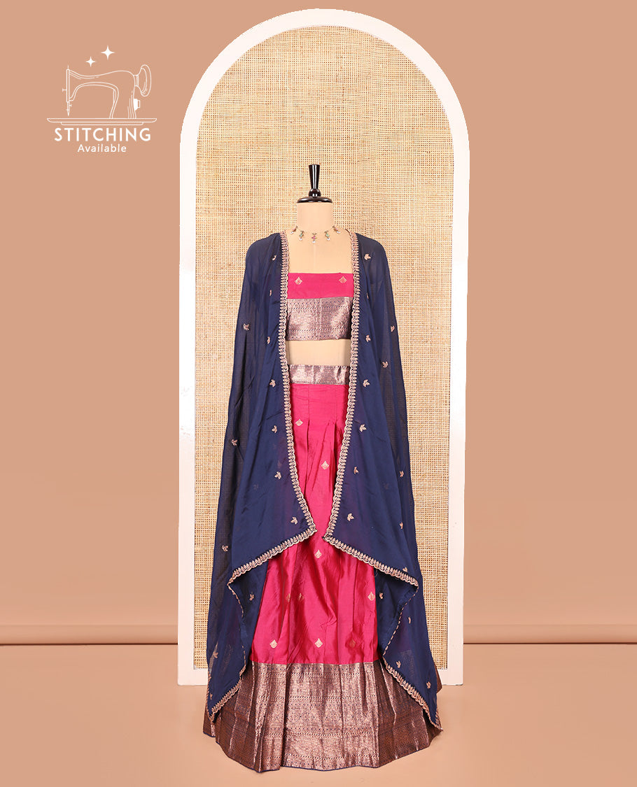Pink and Navy Blue Semi-Banarasi Half-Saree, Decorated with Zari Buttas on Its Skirt, Complemented by a Contrast Traditional Zari Designs Woven Border, Paired with a Matching Blouse, and a Contrast Satin Georgette Embroidered Scallop Dhavani