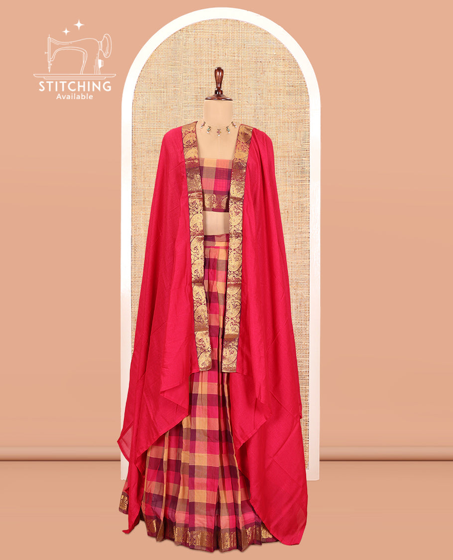 Multi-Color Checked Chettinad Cotton Half-Saree Adorned with a Zari Border, Matching Blouse, Contrast Dhavani