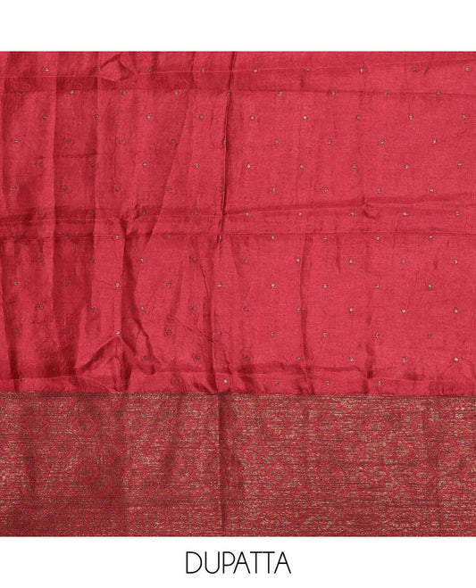 Pink material chudidar set, copper zari buttas and jaal design semi-modal silk top, plain santoon bottom, and zari design woven semi-modal silk dupatta