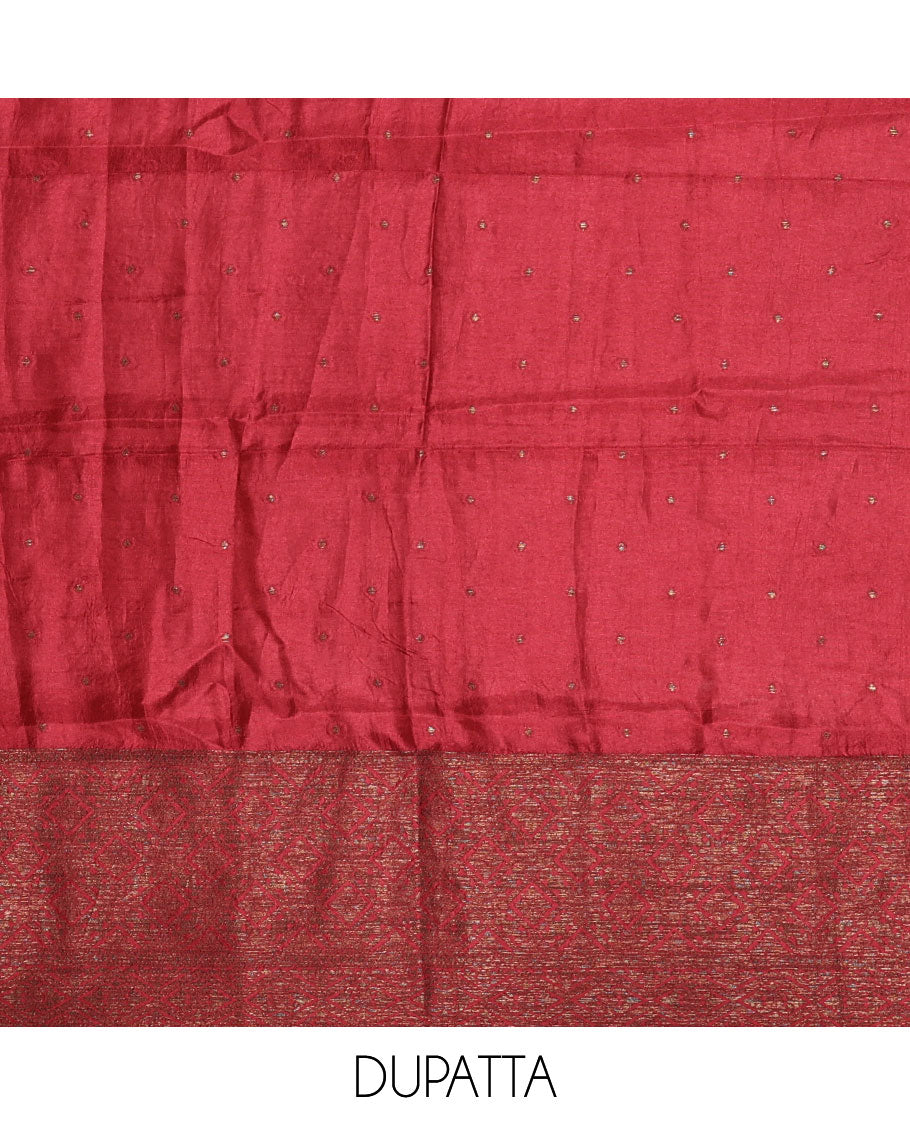 Pink material chudidar set, copper zari buttas and jaal design semi-modal silk top, plain santoon bottom, and zari design woven semi-modal silk dupatta