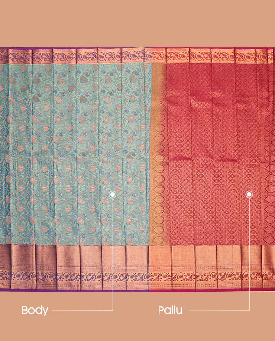 Blue Budget Silk Saree, Enthralled with Jacquard, Complemented by a Contrast Traditional Zari Border, Grand Pallu, and a Contrast Blouse