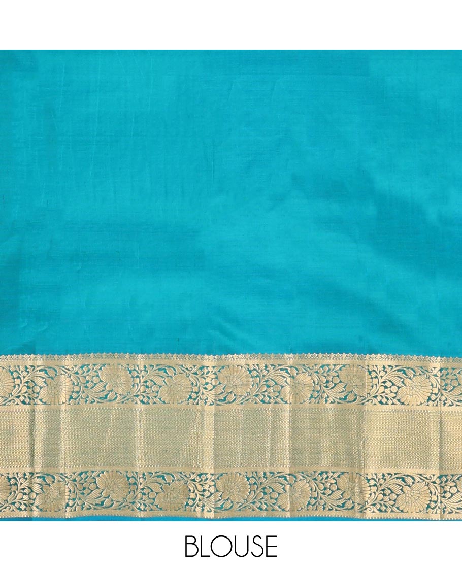 Blue Kanchipuram Wedding Silk Saree, Ornamented with Jacquard Designs on Its Body, Highlighted by a Zari Border of Kodi Visiry and Then Kuli Kann Designs, Pallu of Floral Designs, and Paired with a Matching Blouse