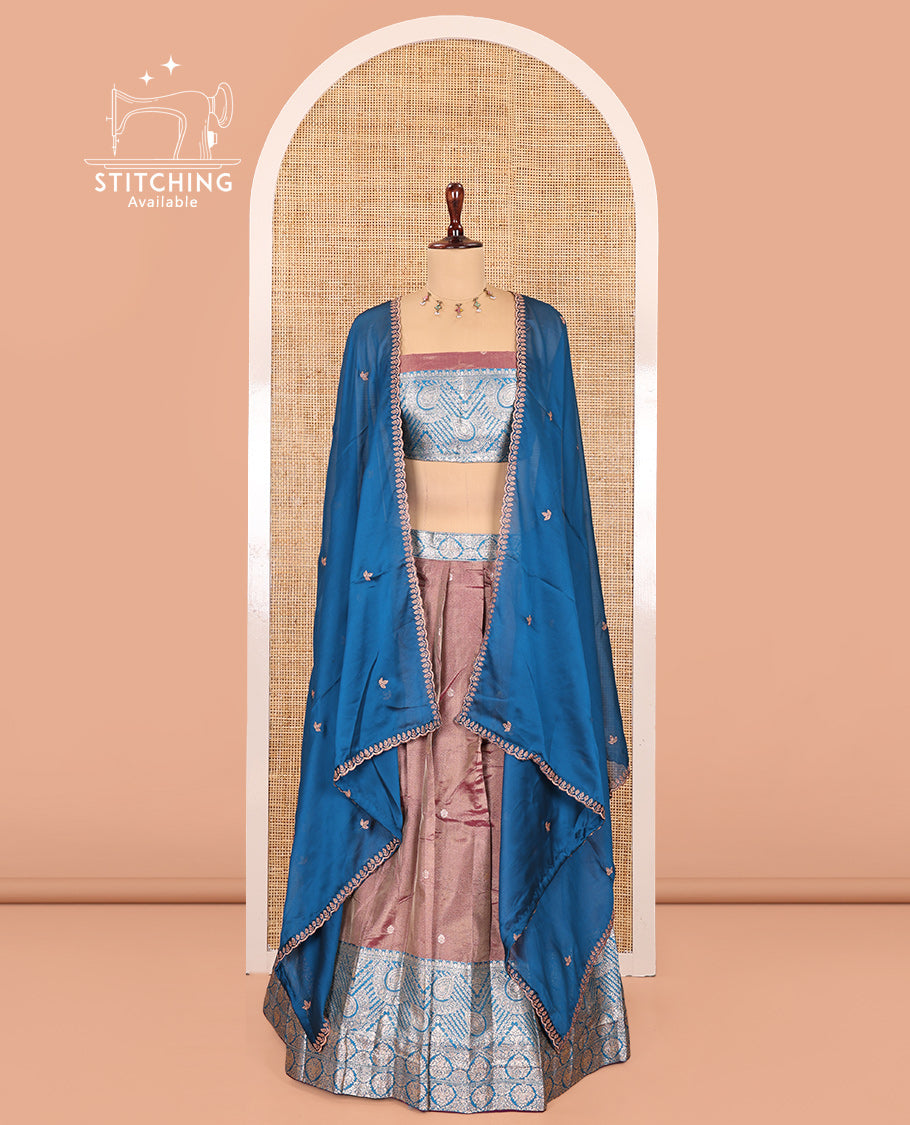 Purple-Blue Banarasi Silk Half-Saree Features Buttas Skirt, Contrast Intricate Border, Matching Blouse, and Embroidery Syska Georgette Dhavani