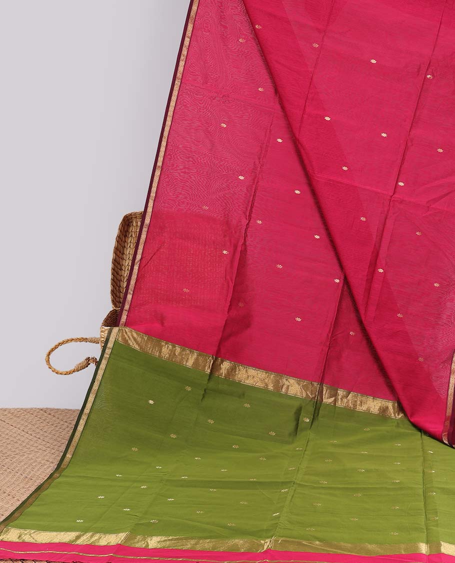 Red floral motifs maheswari cotton saree with contrast zari border & floral motifs pallu