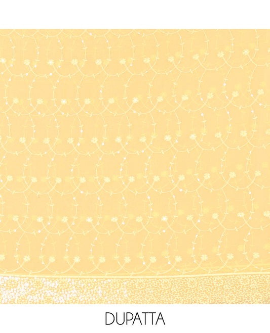 Yellow Material Chudidar Set Features Sequin Embroidered Georgette Top, a Plain American Crepe Bottom, and a Scallop Dupatta Embellished with Floral Vine Embroidery