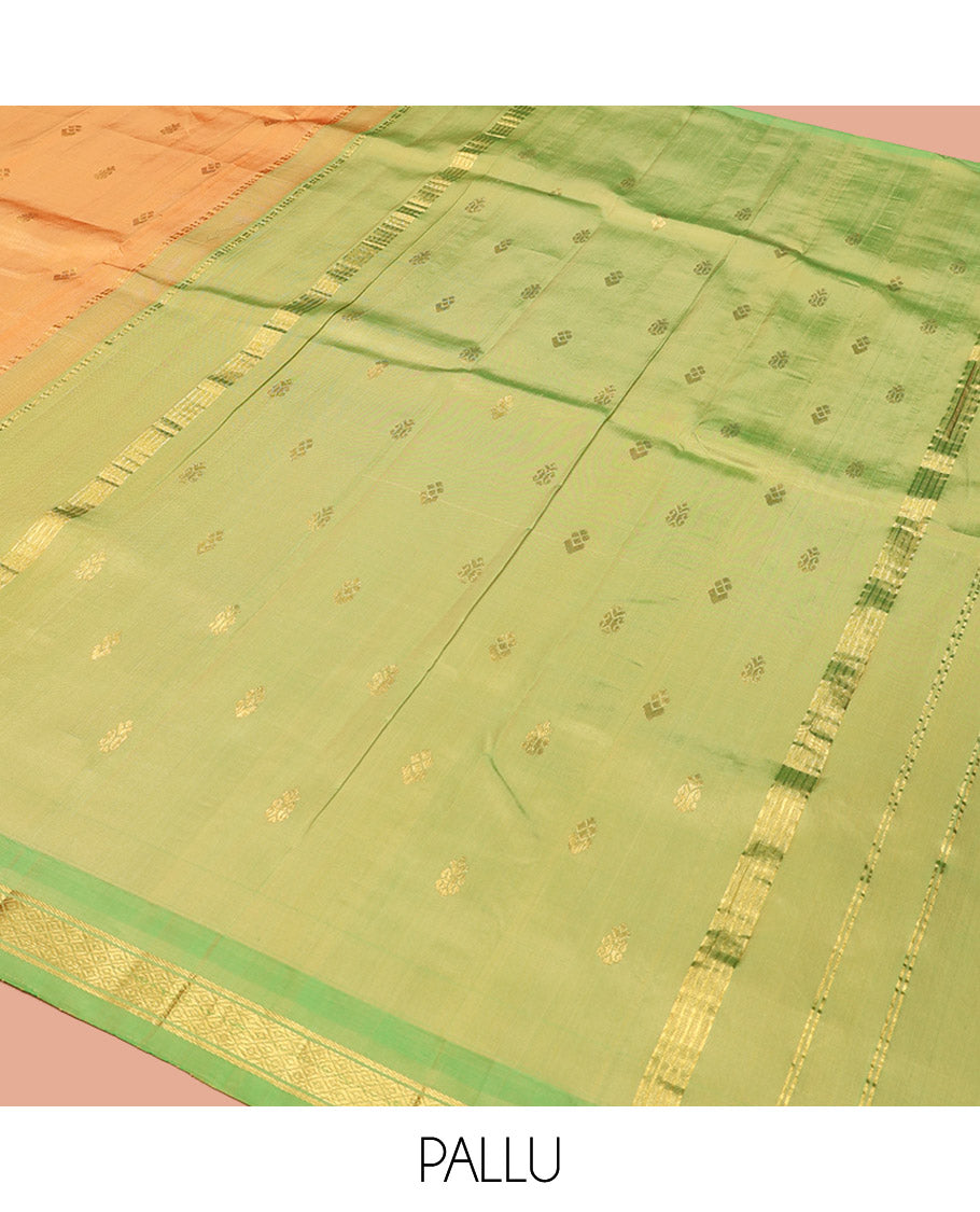 Orange Kanchipuram Silk Saree, Sparsely Woven with Zari Buttas, a Contrast One-Sided Border of Mayil Kann Designs, a Zari-Design Pallu, and No Blouse