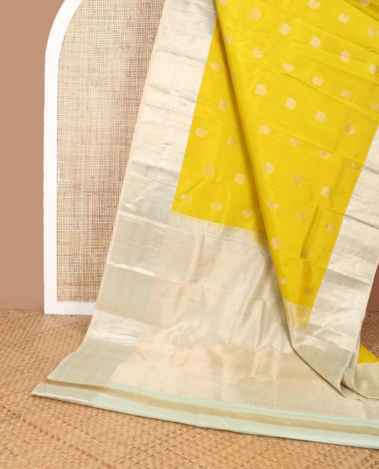 Mustard mayil buttas silk saree with contrast traditional zari design border & jaal design pallu
