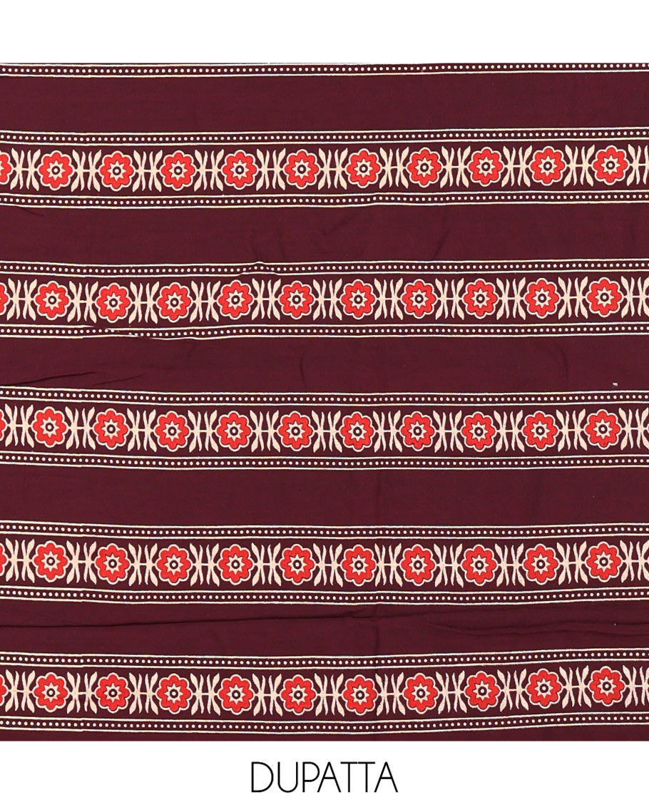 Dark Maroon Rayon Material Chudidhar Set, Elevated with Ajrakh-Style Floral Printed Top, Elegantly Printed Bottom, and Rayon Dupatta of Ajrakh-Style Floral and Tree Motifs Print