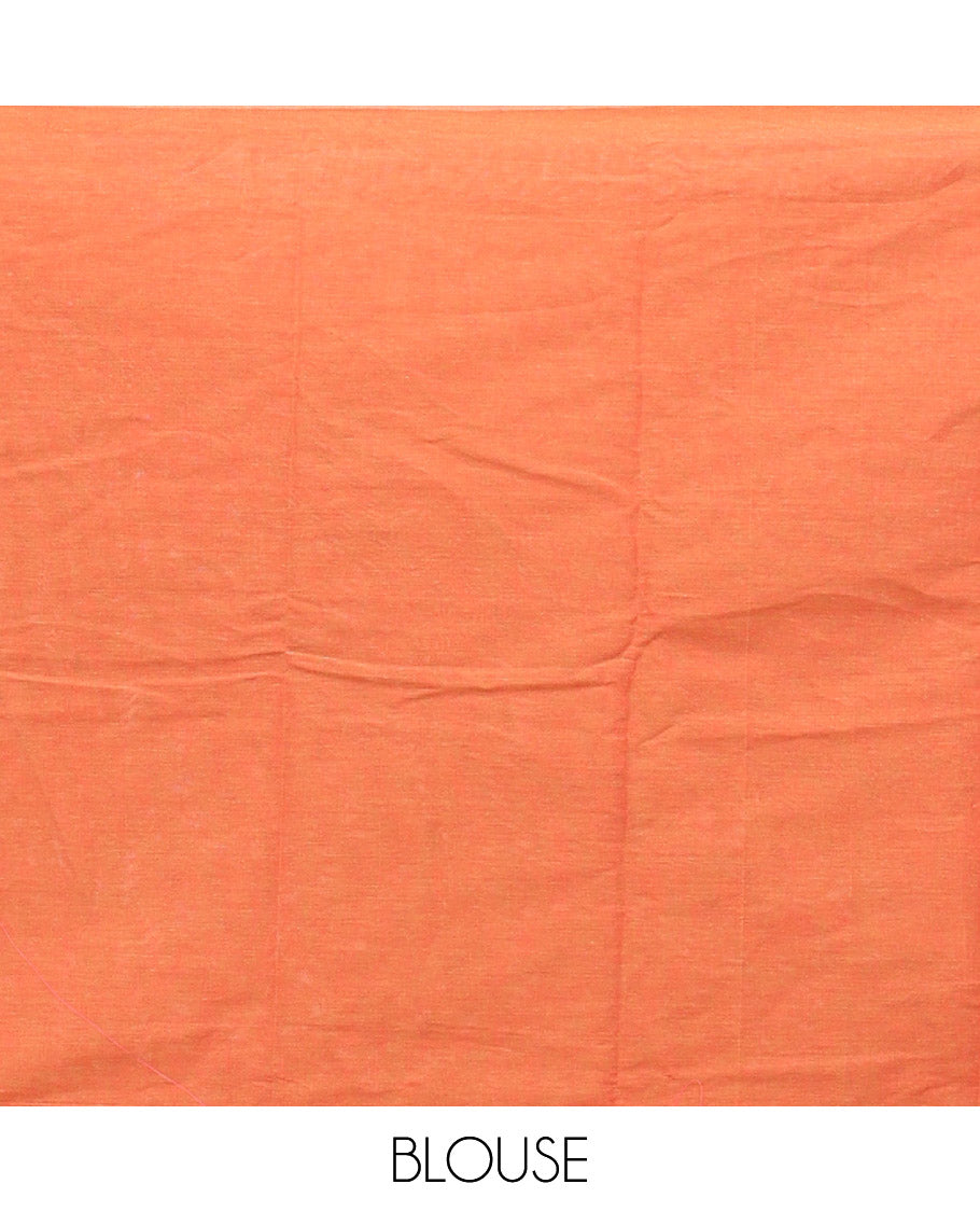 Orange  Kanchi Cotton Saree, Steeped with Temple Buttas All Over Its Body, a Subtle Zari Border, Pallu of Triangle Designs, and Paired with a Matching Blouse