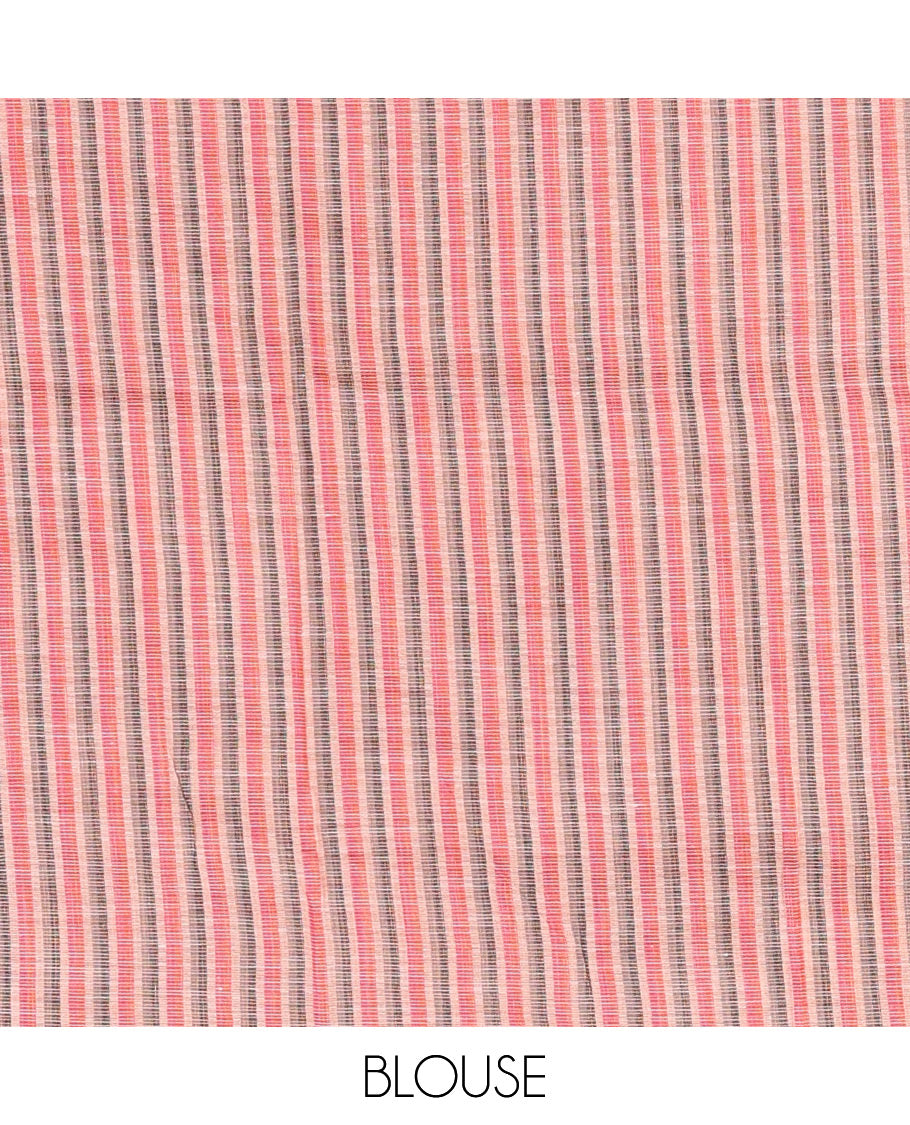 Light Orange vertical striped & geometric buttas Jute linen saree, Sliver zari border, geometric patterned pallu & vertical striped blouse