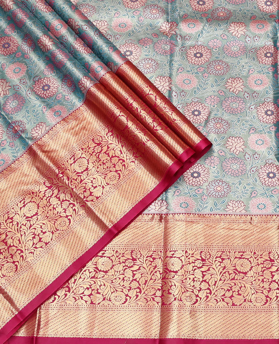 Blue Art Silk Material Half Saree Set, Embellished with Floral Jacquard Design Skirt, a Contrast Floral Design Border, Contrast Blouse, and an Intricate Dhavani