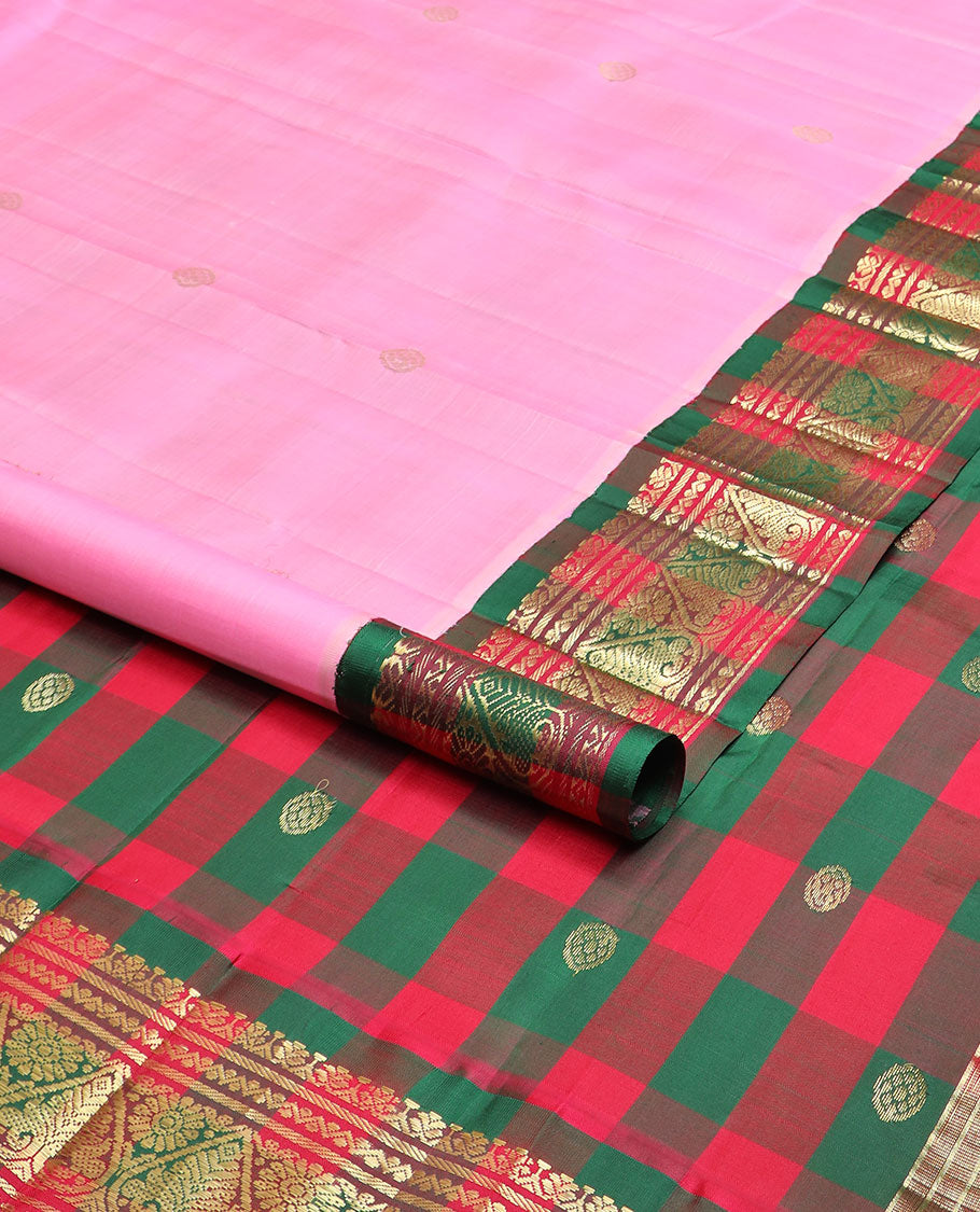 Pink zari buttas Kanchipuram silk saree, contrast one-sided korvai checked border of Banaras,neli & jada nagam & checked pallu of chakram design