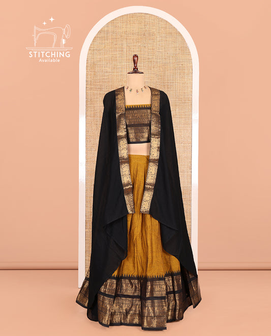 Mustard-Black Chettinad Cotton Half-Saree, Plain Contrast Traditional Temple Zari-Bordered Skirt, Matching Blouse, and a Contrast Dhavani