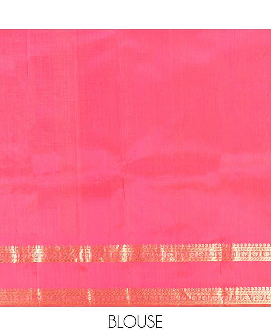 Light Turquoise Plain Kanchipuram Silk Saree, Complemented by a Contrast Rettai Pettu Border of Manga, Banaras, Muthu, and Kamalam, Vanki Pallu, and a Contrast Blouse