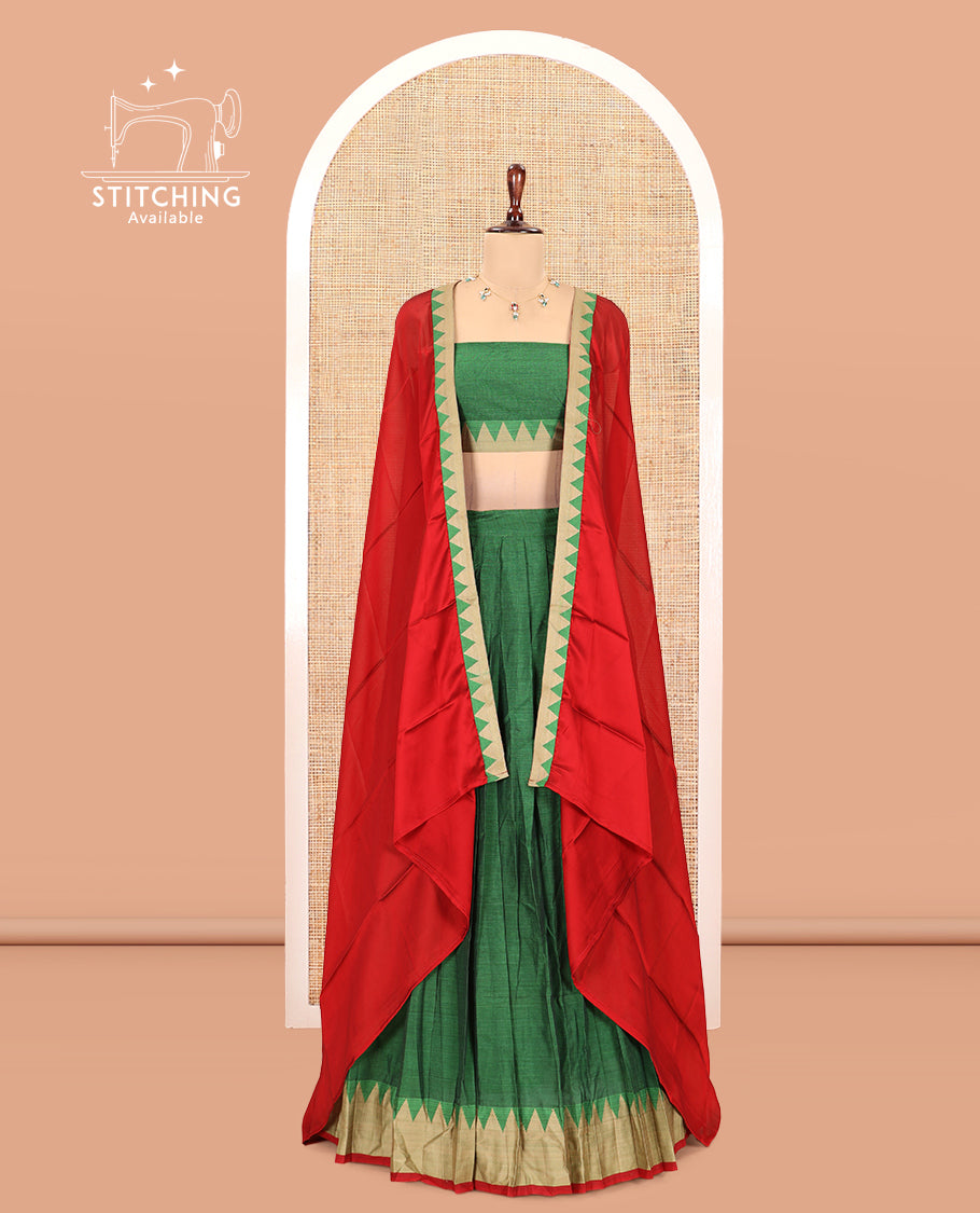 Leaf Green Mercerised Cotton Half-Saree, Plain Skirt, a Temple Border, a Matching Blouse, Contrast  Dhavani