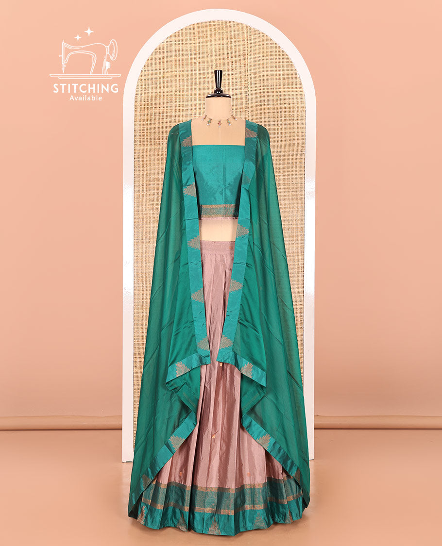Fawn and green half-saree with buttas with contrast traditional bordered taffeta silk skirt, a matching blouse, and a contrast bordered syska georgette dhavani