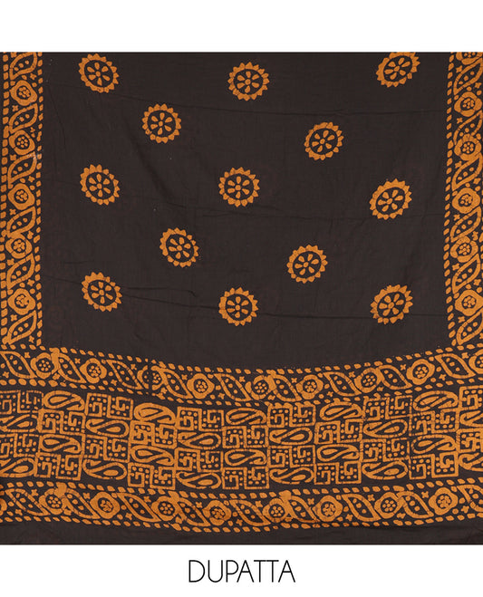 Black-Orange Cotton Material Churidar Set, Paisley Batik Printed Top, a Matching Bottom, a Batik Printed Dupatta