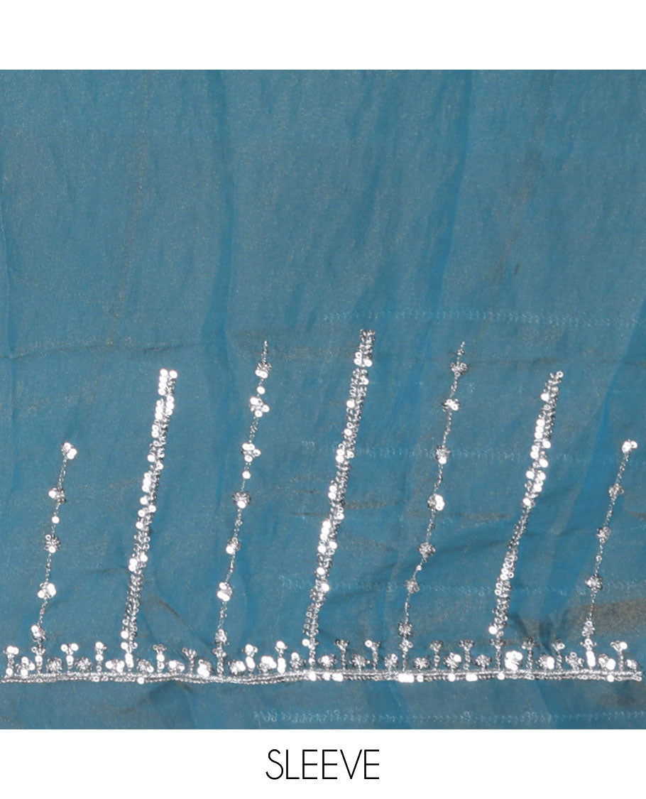 Blue vertical stripes embroidered shimmer chiffon saree, scallop embroidered border, embroidered pallu, and fancy embroidered matching blouse