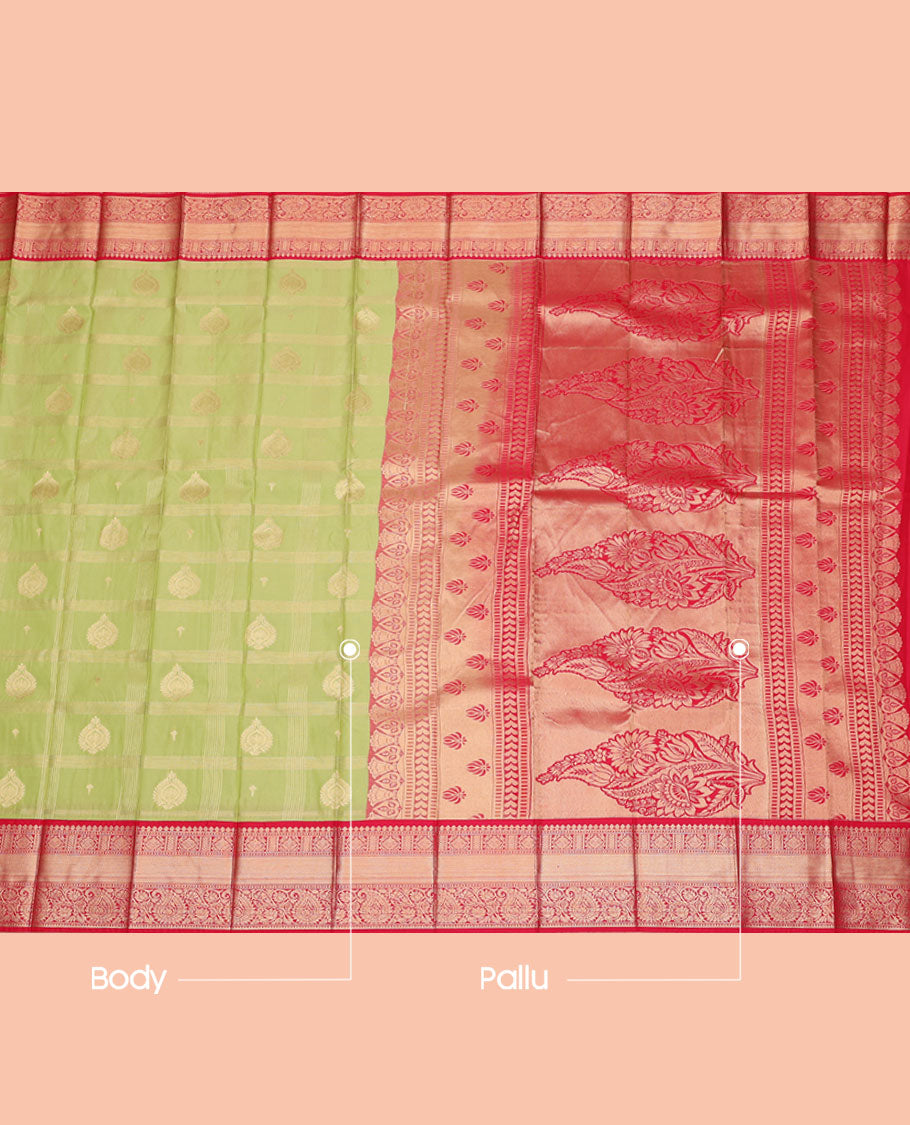 Green Budget Silk Saree, Spotlighted with Zari Butta Enclosed Checks, Complemented by a Contrast Traditional Design Border, Intricate Pallu, and a Contrast Blouse
