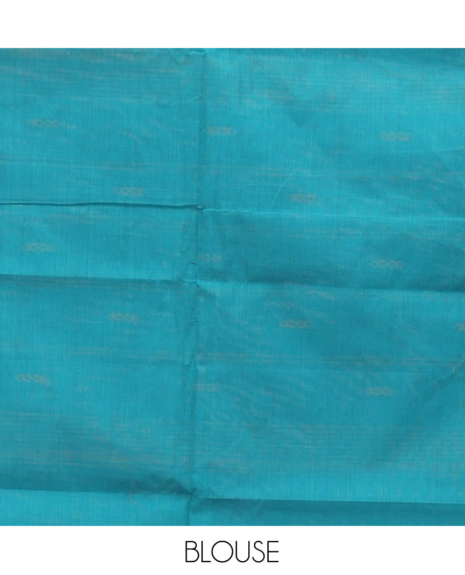 Blue Chettinad Cotton Saree, Adorned with Buttas All Over Its Body, Complemented by a Contrast Ganga-Jamuna Kal Eragina Border of Kodi Peacock and Elephant Designs, Pallu of Buttas and Stripes, and Paired with a Matching Blouse