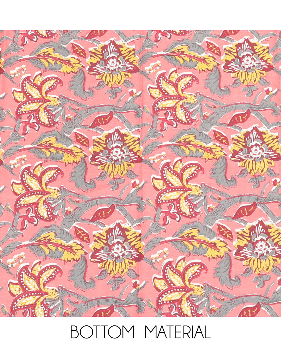 Peach Cotton Material Churidar Set, Elevated with Floral Print and Embroidery Top, Floral Bottom, and a Printed Dupatta